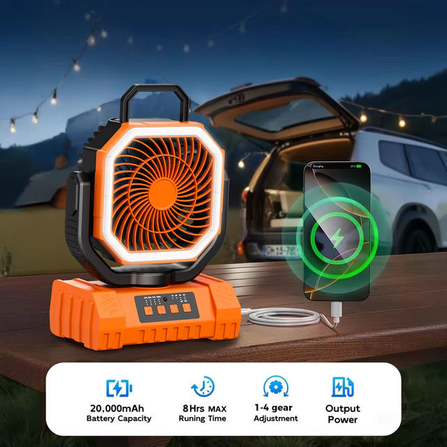 20000mAh Battery Operated Solar Fan Portable Rechargeable Desk/Camping Fan with LED Light and Hook Outdoor Fan for Tent Car