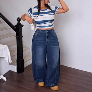 Nuevos jeans de pierna ancha con corte curvo de talla grande europeos y americanos 2026 al por mayor para ropa de mujer - Product Image 1