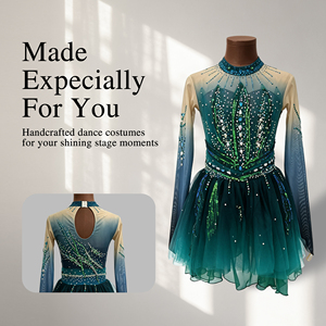 Vestido de Patinaje Artístico para Niñas, Color Verde Oscuro, Manga Larga, con Pedrería, Traje de Competición Personalizado, Vestido de Actuación de Patinaje sobre Hielo - Product Image 1