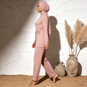 Pink Burkini 3 Piece <b>Set</b> Women Side Twist Ruched <b>Modest</b> Islamic Swimwear Long Sleeve Top And Hijab Swim Suit Wholesale - Product Image 5