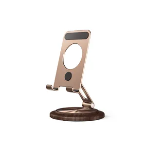 HOTSELL L68 Walnut Wood Cell Phone Stand Heavy Base Sturdy Aluminum Alloy Gold Color Desktop 360 Rotate Mobile Phone Holders