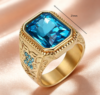 Bague pour homme en acier inoxydable plaqué or 18 carats, motif géométrique, verre bleu et diamant, style hip-hop tendance, bijou étanche avec pierre précieuse