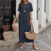 Robe d'été vintage en coton et lin, couleur unie, col ample, manches courtes, taille haute, coupe irrégulière pour femme - Grande promotion