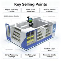 Kiosque mobile de réparation de téléphones personnalisé, bleu et blanc, avec étagères de présentation en verre multicouche, comptoir de caisse POS intégré et éclairage LED