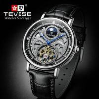Montre automatique à remontage automatique TEVISE pour homme, montre de luxe squelette avec phases solaires et lunaires, étanche 3ATM