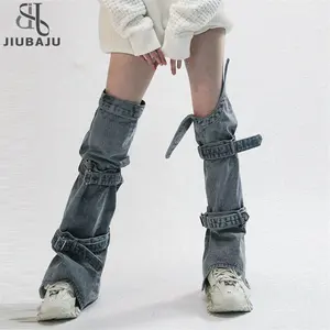 Denim bacak ısıtıcıları 80s diz yüksek Harajuku toka Jean çorap Punk gotik bacak kapak çorap