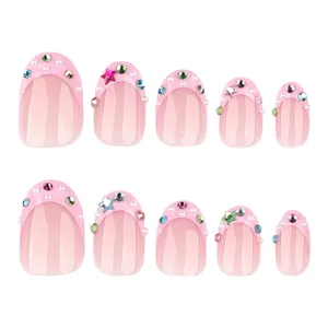 <span class=keywords><strong>Uñas</strong></span> Acrílicas Rosadas con Puntas Francesas, 24 Piezas, <span class=keywords><strong>Color</strong></span> <span class=keywords><strong>Rosa</strong></span> Nude, <span class=keywords><strong>Cortas</strong></span>, <span class=keywords><strong>Decoradas</strong></span> con Diamantes de Colores, <span class=keywords><strong>Uñas</strong></span> Postizas para Usar en los Dedos, Manicura DIY - Product Image 1