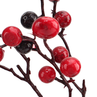 Kerstdecoratie, natuurlijke en kunstmatige, rood met zwart, plastic schuim, besjes, fruit, spray en steel, groothandel leverancier