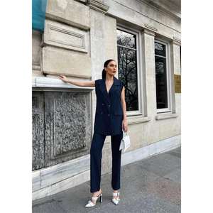 Ensemble veste longue rayée et pantalon Polviscon bleu marine pour femme, avec décoration boutonnée en laine peignée - Product Image 3