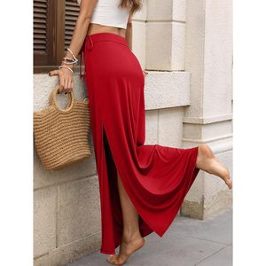 FOXA Womens Maxi Skirt High Waisted Long <b>Wrap</b> Skirt With Side Slit Adjustable Drawstring Boho Beach Style - Product Image 6