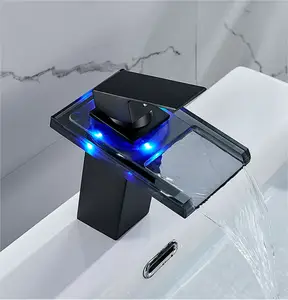 ROVATE Mattschwarzer Messing-Waschtisch armatur mit LED-Licht Einhand Modernes Badezimmer Design Waschraum Wasserfall-Auslauf mischer