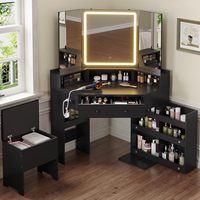 En gros Coiffeuse d'angle noire avec miroir lumineux, banquette de rangement et tiroirs