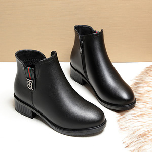 <span class=keywords><strong>Bottines</strong></span> en cuir microfibre à bout rond et talon carré bas, chaudes et tendance pour l'hiver, chaussures de bureau pour femmes, couleur noire - Product Image 5