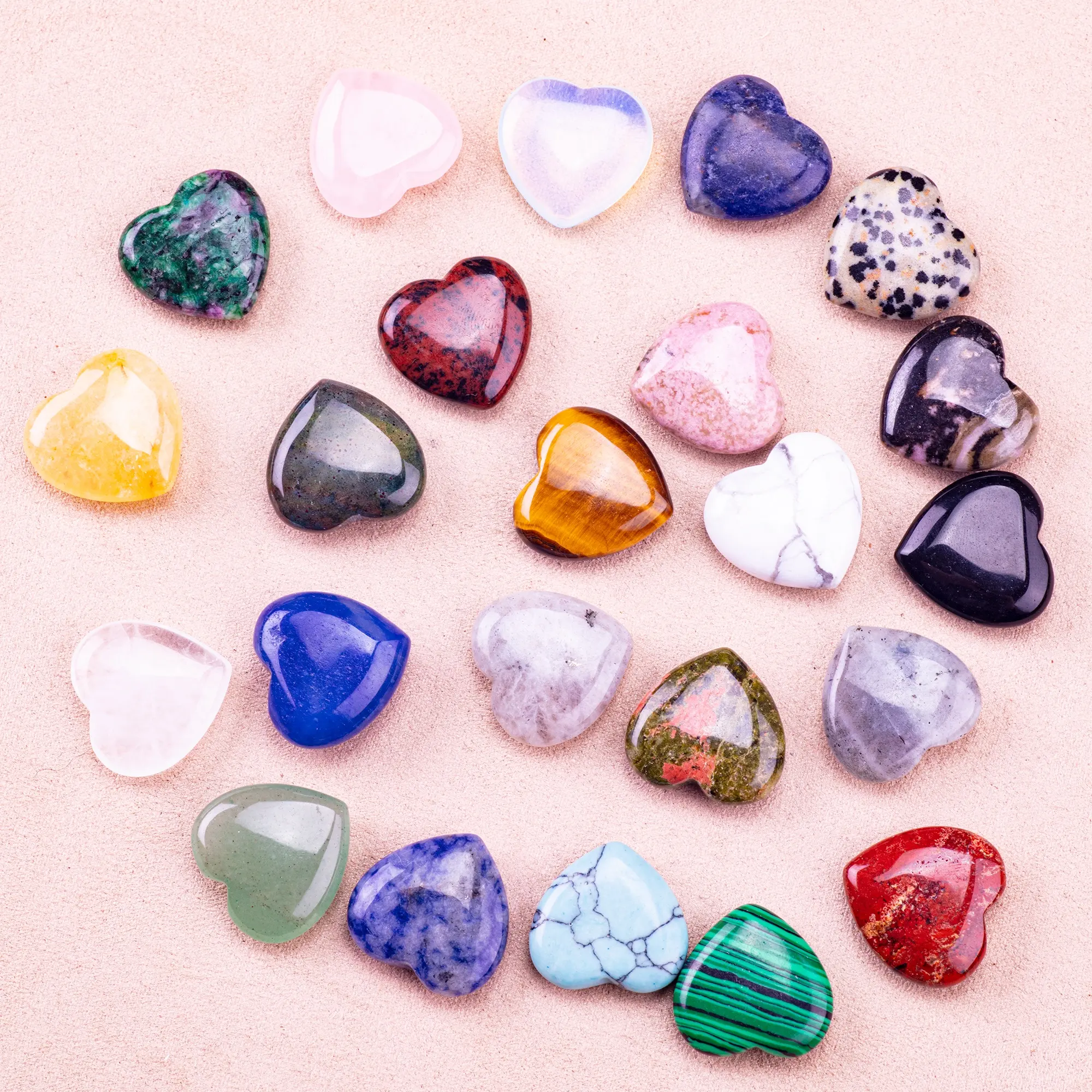 Vente en gros de pierres précieuses de poche en forme de cœur assorties de 2cm en cristal de guérison pierre d'inquiétude de paume dégringolée pour cadeaux et décoration