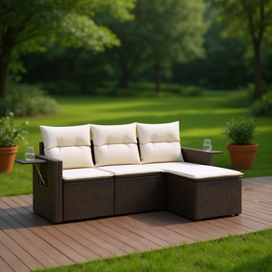 Conjunto de Sofá de Jardín de Mimbre Sintético Marrón, Muebles Plegables para Exteriores, Cojín de Espuma de Alta Densidad, Diseño Contemporáneo - Product Image 2