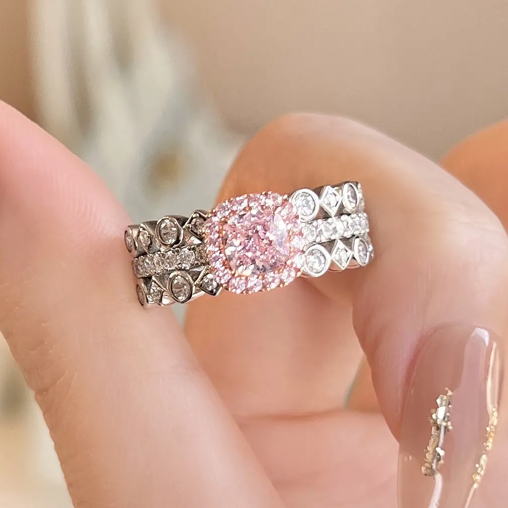 Roze Diamanten Ring Sieraden Trouwband Fancy Verloving Roze Zirkoon Stenen Ring
