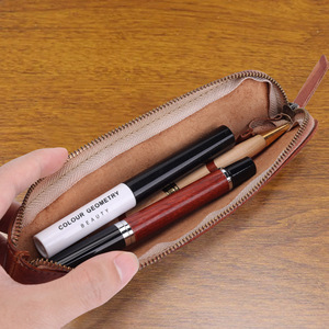 Estuche para lápices de cuero genuino hecho a mano, bolsa de papelería con apertura con cremallera de piel de vaca para uso escolar y de oficina, Color sólido - Product Image 4