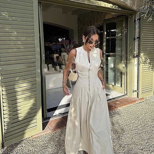 Robe longue sans manches, sans col, élégante, style européen-américain, coupe ample, taille décontractée, streetwear, en polyester, effet vieilli - Product Image 3