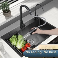 Wastafel Dapur Tunggal Stainless Steel Lapisan Nano Hitam Tahan Lama Desain Tiga Lubang Keran Untuk Rumah Tangga & Katering Grosir Pabrik