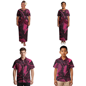 Ensemble de tenues familiales quatre pièces Puletasi Samoan à motif tribal pour les vacances à l'église des îles polynésiennes, chemises décontractées pour <span class=keywords><strong>parents</strong></span> et enfants - Product Image 5