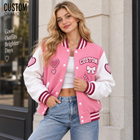 Blouson Bomber Varsity pour Femme avec Broderie, Appliques, Patchwork, Passepoil, Surpiqûres, Patch Cœur et Nœud, Boutons Pression et Bordures Côtelées