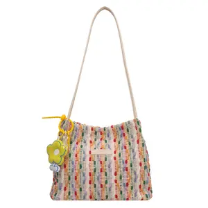 B501 New Vegan canvas Material Bucket Shape Colorful Weaved Recycled Tote Bag For Women