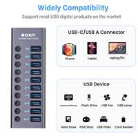 Pesanan Sampel Diterima Adaptor Aluminium USB 3.0 10-Port Kecepatan Super 5Gbps 60W USB Hub Digunakan untuk Transfer Data Pengisian Daya CE/ROHS
