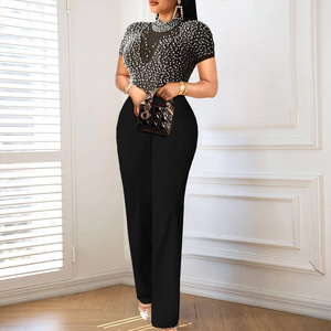 Combinaison de soirée élégante de haute qualité AM221118 pour femmes, taille haute, ajustée, ornée de perles, col rond, manches courtes, grandes tailles - Product Image 2
