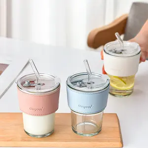 竹コーヒーカップ、ポータブルハイビューティーネットレッドガラスコーヒーカップ再利用可能な大容量ジュースミルクマグ、ストローと蓋付き