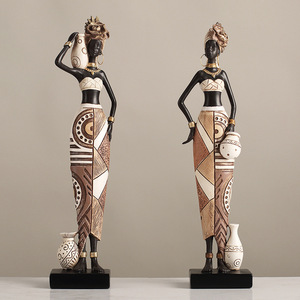 African Tribal Woman Figurine 2Pcs Geometric Pattern Bohemian Style Living Room Decoration Synthetic <b>Resins</b> Ornament - Product Image 1
