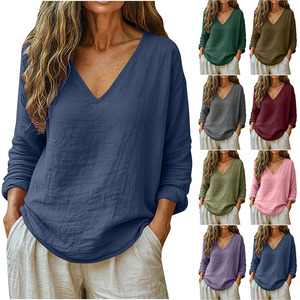 <span class=keywords><strong>Camicia</strong></span> da <span class=keywords><strong>Donna</strong></span> in Cotone e <span class=keywords><strong>Lino</strong></span>, Manica Lunga, Stile Casual, Design Elegante con Scollo a V, Comoda per Primavera ed Estate - Product Image 1