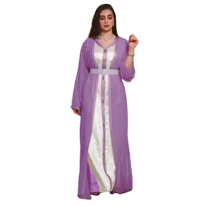Dubai UAE muslim women abaya sets plain color chiffon outfits white color sleeveless inner abaya eid dress collection for girls