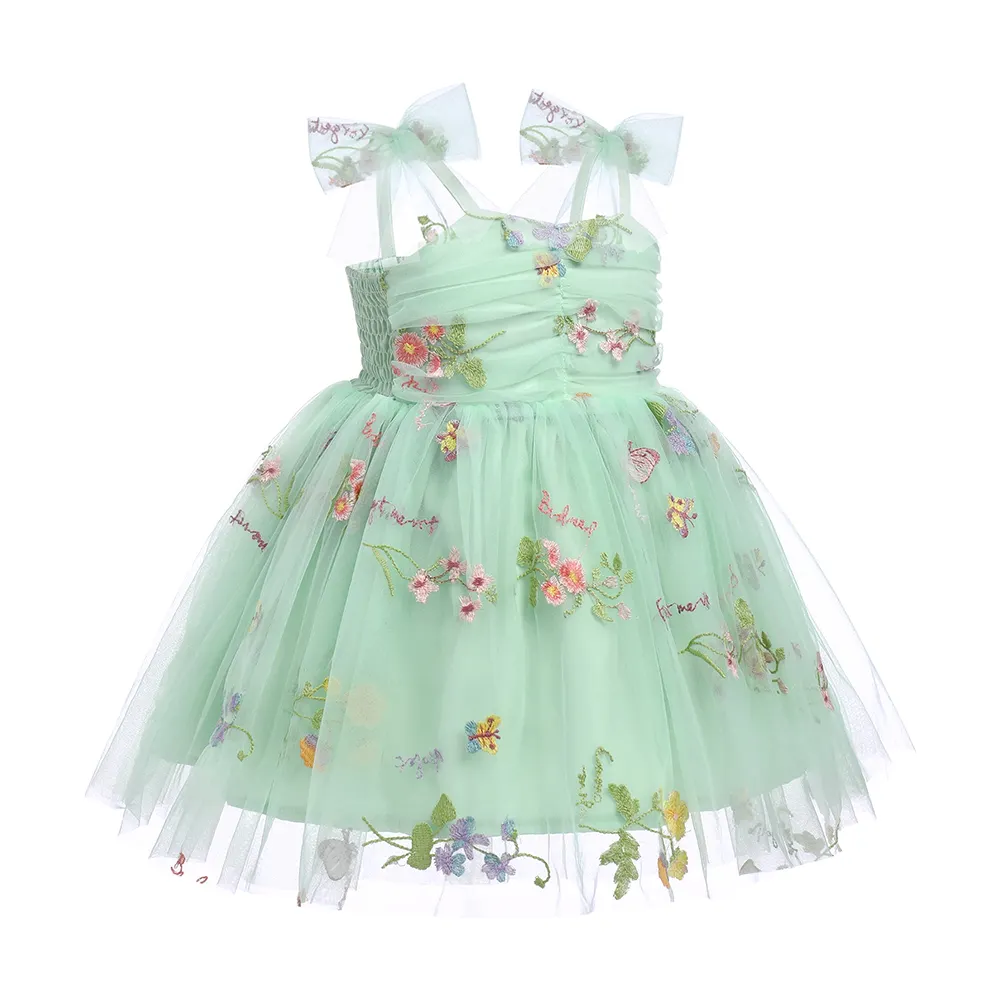 Daily Wear Floral Butterfly Tulle Sleeveless Dress Strap Design Smock Back Knee Length Princess Party Kids Dresses