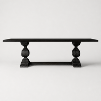 Table à manger rectangulaire noire en bois massif avec base en tréteaux tournés et consoles sculptées à la main, robuste, pour la décoration de villas de luxe