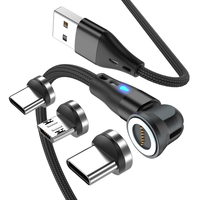 1 Meter 3-in-1 USB Cable 540-Degree Rotate Type-C 3A Fast Charging Magnetic Aluminum Alloy Data Transfer Micro USB
