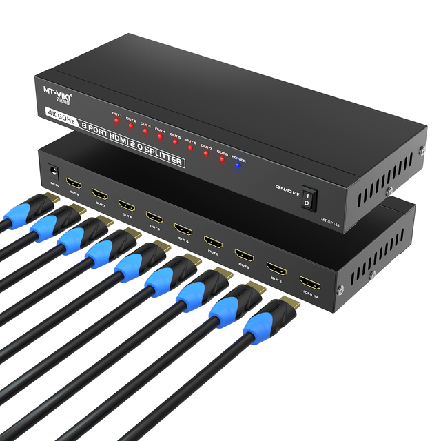 4K 60Hz HDMI Splitter 1 in 8 Out, MT-VIKI 1 Computer 2 Monitor + Power Adapter, 4K HDMI Splitter 1x8 for 8 TV Monitors