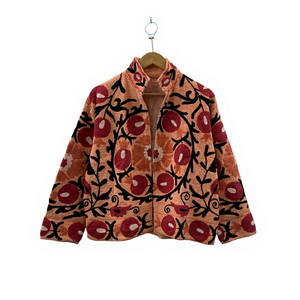 Blazer Floral Bordado para Mujer, Cuello Mandarín, Manga Larga, Algodón, Frente Abierto, Chaqueta de Otoño, Patrón de Bordado a Mano - Product Image 1