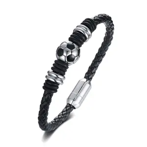 Hot selling silver sports bracelet titanium steel football accessories real leather bracelet teen