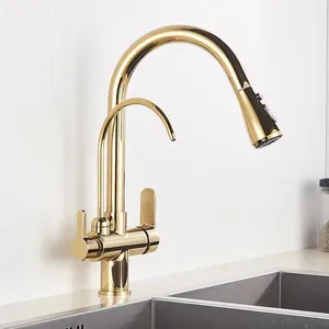Deck Mount Brass Golden 3-way kitchen sink faucet 2 handle Faucet Mixer Single Handle Gold Healthy Drinking Water Tap