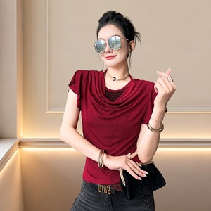 Crewneck Strap Color Matching All-match Short-sleeve T-shirt Women's 2026 Summer New Simple Fashion Slim-fit Top - Product Image 4