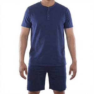 Ensemble de pyjama en coton pour homme, col Henley, manches courtes et short, vêtements de détente pour dormir - Product Image 4