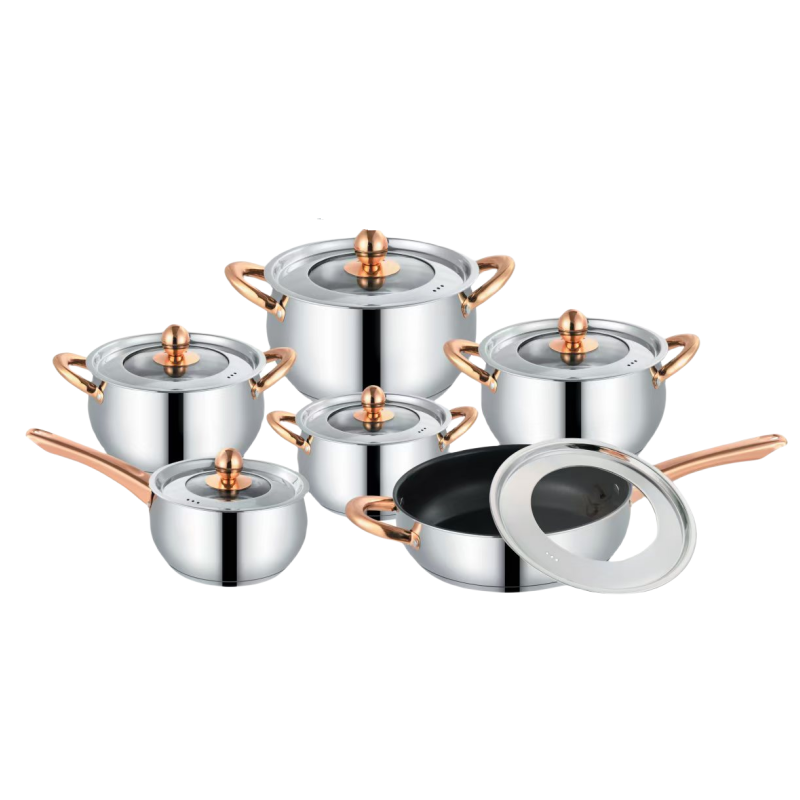 Modern Eco-friendly Stainless Steel Soup Pot Set Belly Shaped 12PCS Thickened Double Bottom Glass Cover Rose Gold Handle Pots · image 2