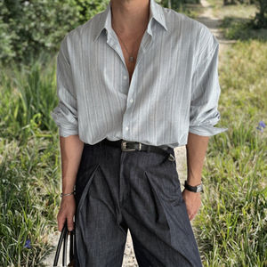 Camisa de Hombre de Manga Larga a Rayas de Poliéster/Algodón, Cuello Solapa, Estilo Coreano, Casual, Antiarrugas, Transpirable, Satinada, para Primavera/Verano - Product Image 3