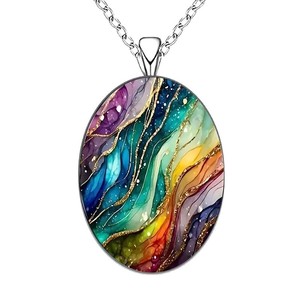 Collier pendentif vintage en alliage de zinc avec verre ondulé ovale - Product Image 2