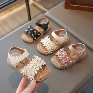 Sandali Estivi per <span class=keywords><strong>Bambina</strong></span> 2026 con Fiori e Perline, Neri, Beige, Marroni - Produttore di Calzature - Product Image 1