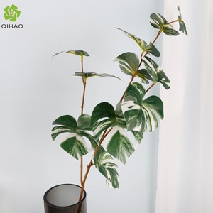 Qihao <b>Artificial</b> Monstera Leaf PVC Plastic High Simulation Indoor Decorative Plant Green White Color Single <b>Stem</b> 3 Forked Mini - Product Image 4