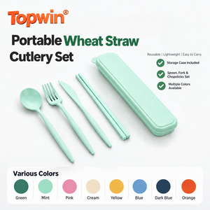 Juego de cubiertos portátil de paja de trigo con estuche, cuchara, tenedor, cuchillo y palillos reutilizables, juego de utensilios de viaje - Product Image 1