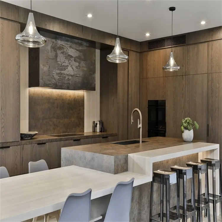 Modern mutfak tasarım kabine ahşap tahıl kaplama musluk ve lavabo ile özelleştirilebilir mermer masa üstleri