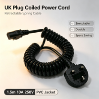Cable de Alimentación en Espiral de Cobre de 10A, Cable Enrollado IP65 BS S1363 con Enchufe UK IEC C13, Cable Personalizable para Electrónica de Consumo