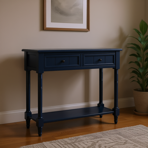 Consolle dal design tradizionale con due cassetti e ripiano inferiore, mobile da ingresso in legno blu navy - Product Image 2